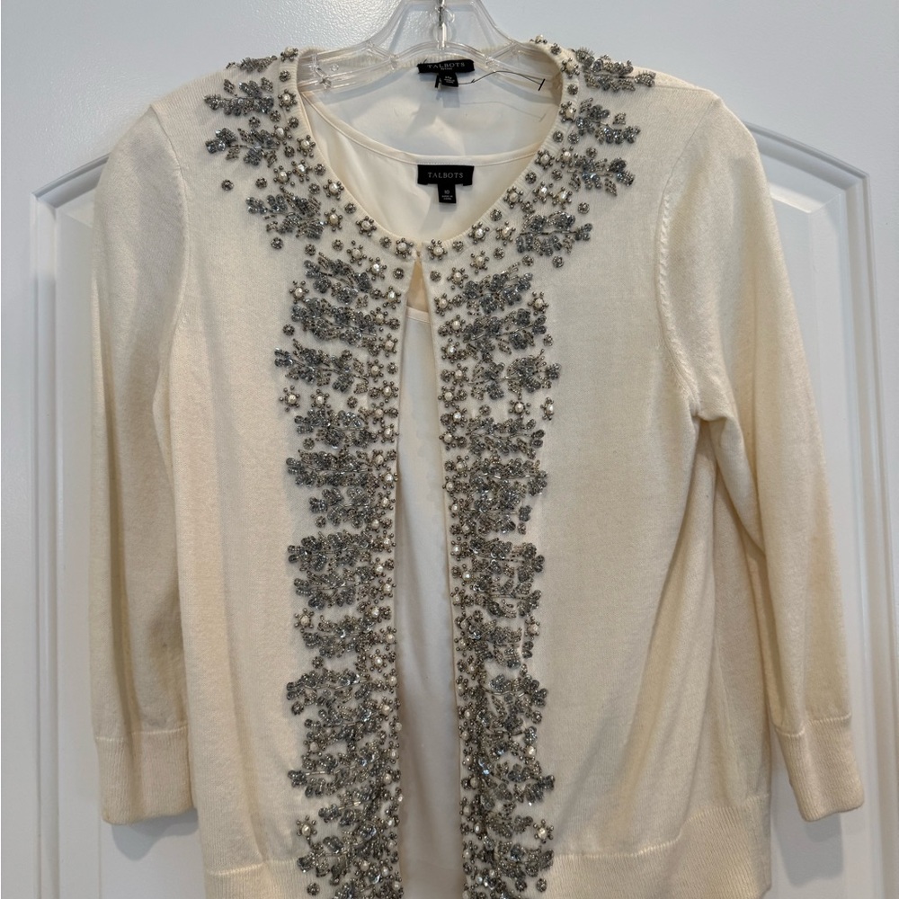 Elegant Cream/Ivory Petite Talbots Sweater with Silver beaded Embellishments..